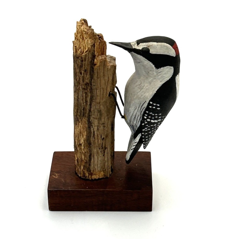 Vintage Hand Painted Downy Woodpecker on Natural Wood 5.25" H Signed Dated '80